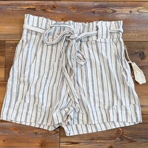 Indigo Rein High Waist Shorts with Tie Belt - Cream and Blue - Linen Blend - M